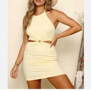 Peach Love Backless Soft Yellow Smocked Cut Out Bodycon Mini Dress Size L